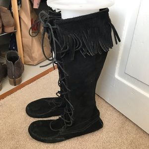 Minnetonka front lace tall fringe boots
